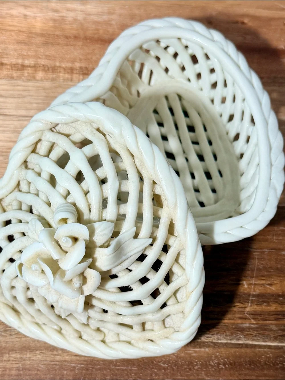 Vintage Ivory Lattice Heart shaped Ceramic Trinket Basket